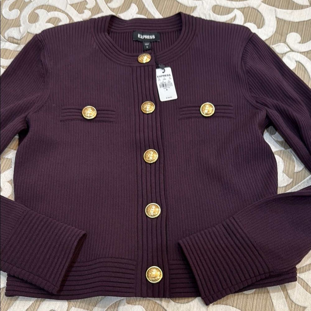 Express Purple burgundy  Cardigan with Gold Buttons